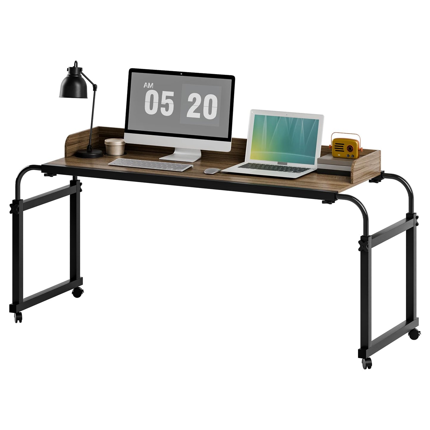iondelce Overbed Table with Wheels, Length Height Adjustable Bed Desk Recliner Table, Over Bed Table with Baffle and Cup Holder for Home and Hospital, Heavy Duty Metal Frame