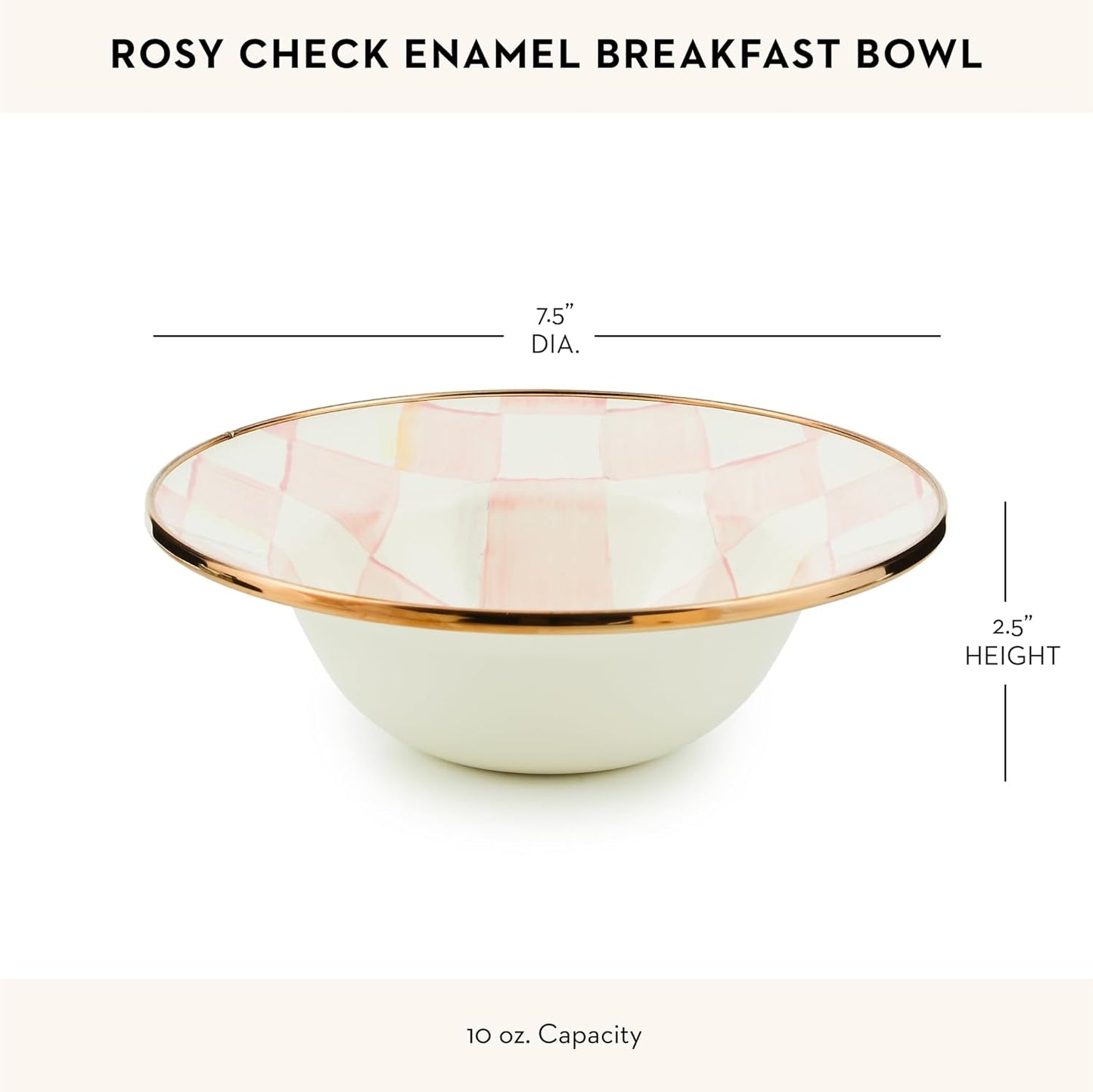 MACKENZIE-CHILDS Enamel Breakfast Bowl, Unique Soup Bowl or Cereal Bowl, Dinnerware, Pink-and-White Rosy Check, Set of 1