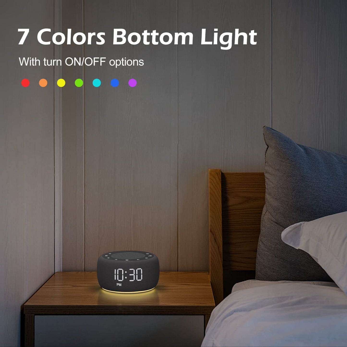 Buffbee Sound Machine & Alarm Clock 2-in-1, 0-100% Clock Face Brightness, Bottom Colored Light, Sleep Timer, Precise 30-Level Volume Control White Noise Machine