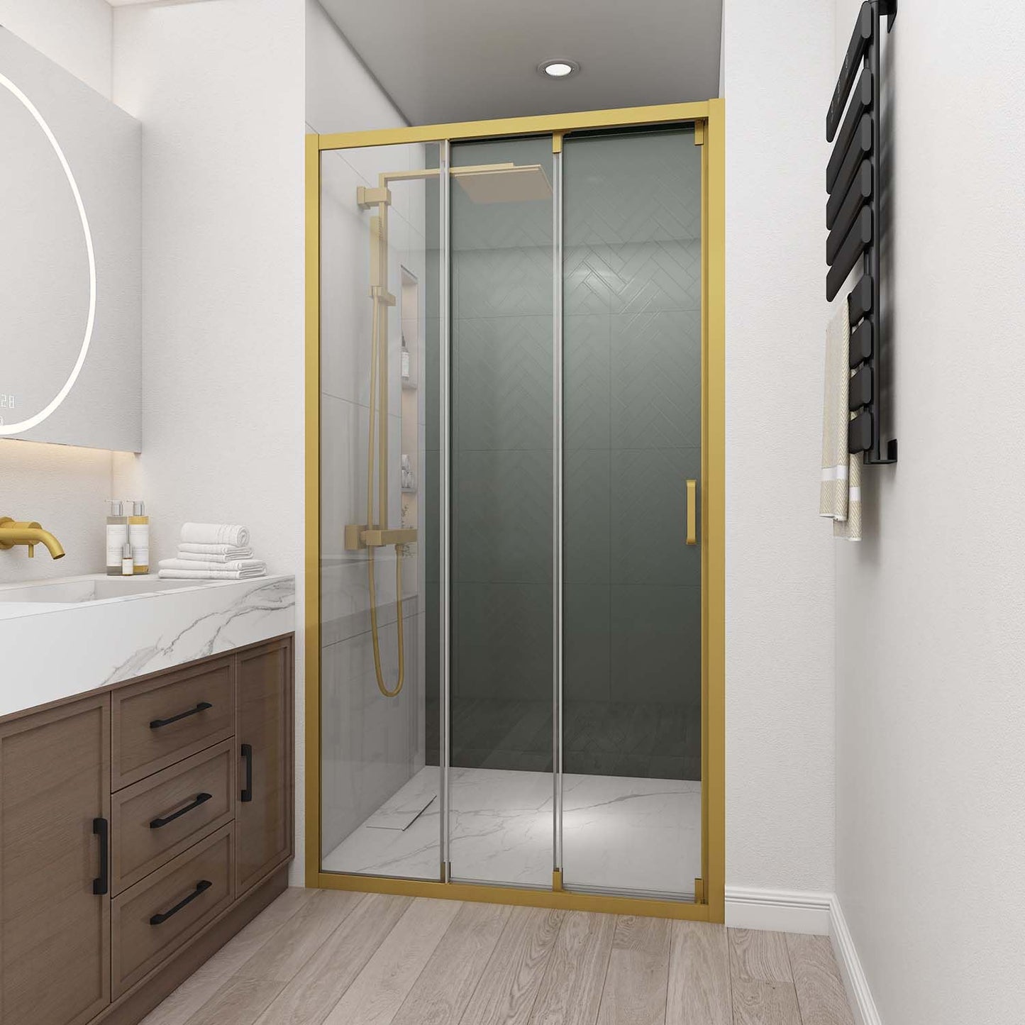 Bathlink 42" W x 78" H 3-Panels Sliding Shower Door, Shower Door Clear 6mm Tempered Glass with Brushed Gold Frame, 3-Panels Sliding Shower Easy to Clean,Three-Panel Synchronized Shower Sliding Door