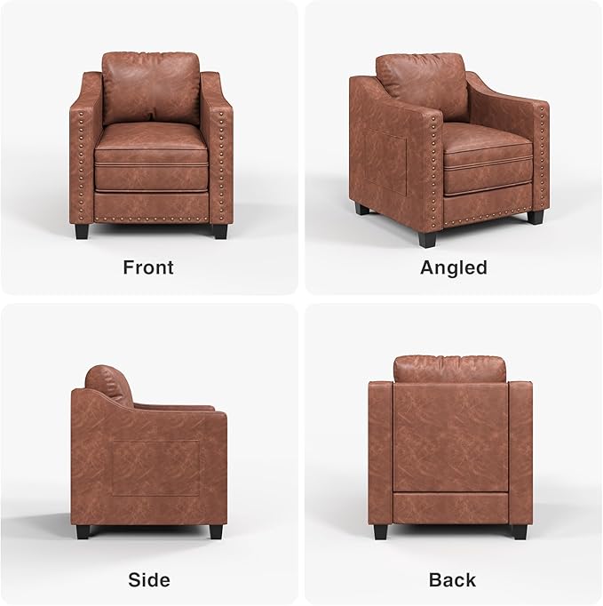 FiveWillowise Mid Century Modern Accent Chair, 30 Inches PU Leather Armchairs, Barrel Chair Living Room Chairs Club Chair with Cushion Reading Chair for Bedroom, Apartment, Reading Room, Brown