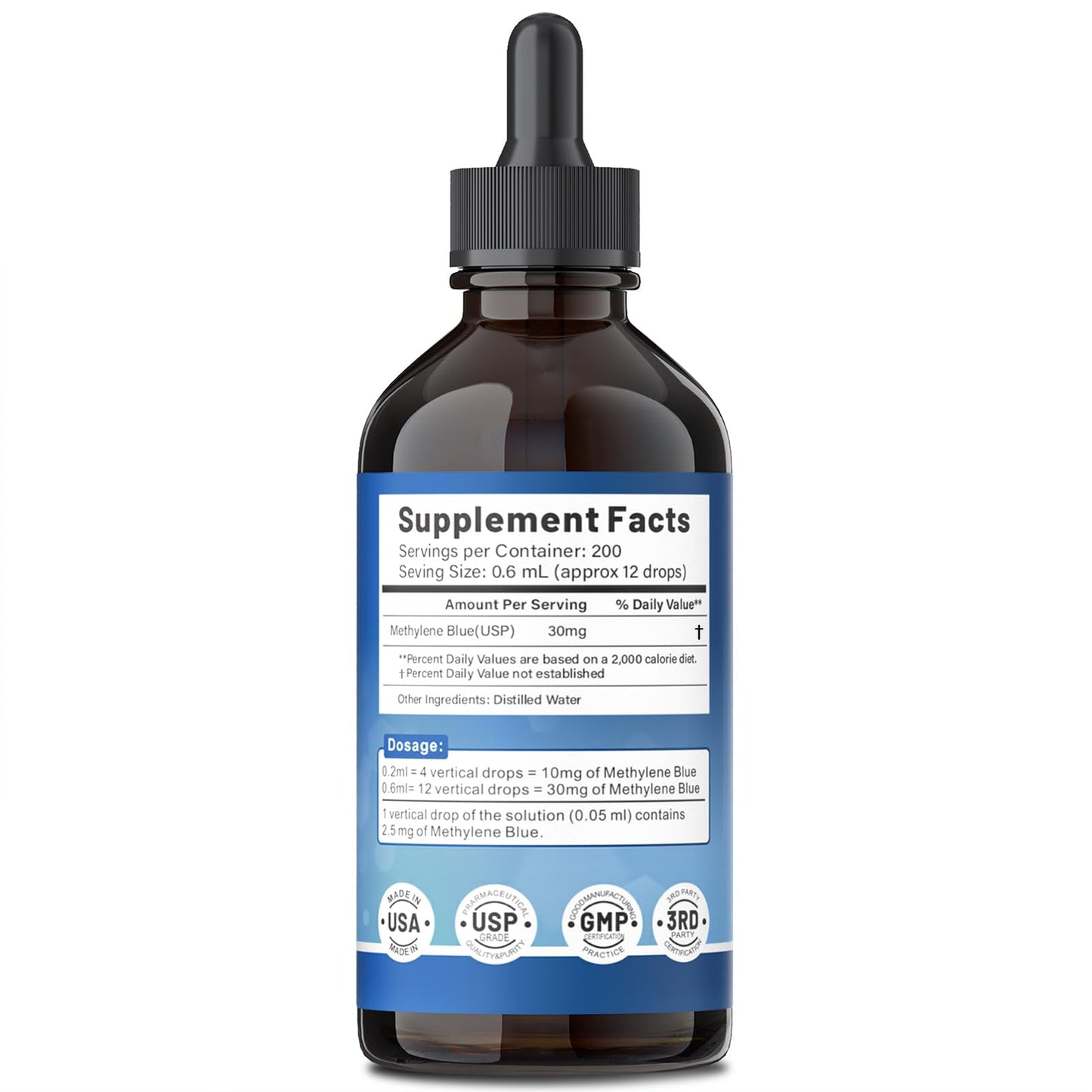 Liophy Methylene Blue Pharmaceutical Grade 5% Drops, 120 mL – High Purity 99.99% Methylene Blue for Humans, Formaldehyde and Alcohol Free (ups Grade)