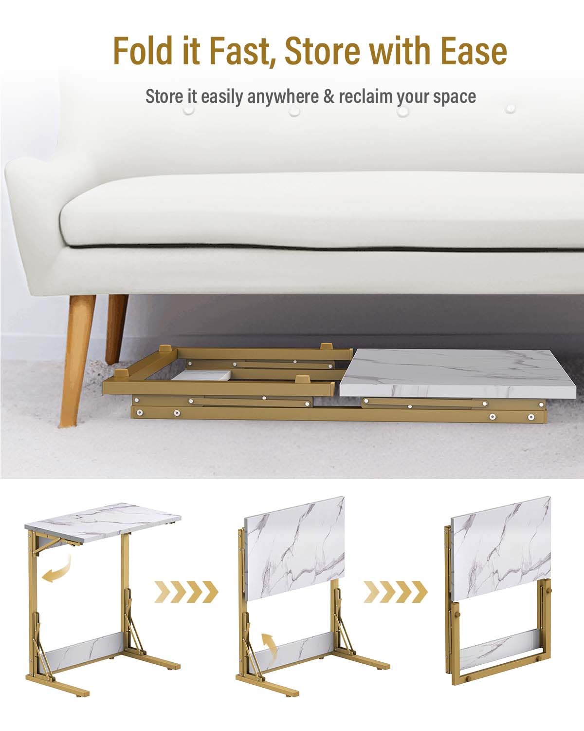 Tatub 24" Folding TV Tray Table, Marble C Shaped End Table for Couch, Small Sofa-Side Laptop Desk with Gold Metal Frame for Living Room, Bedroom, Bedside