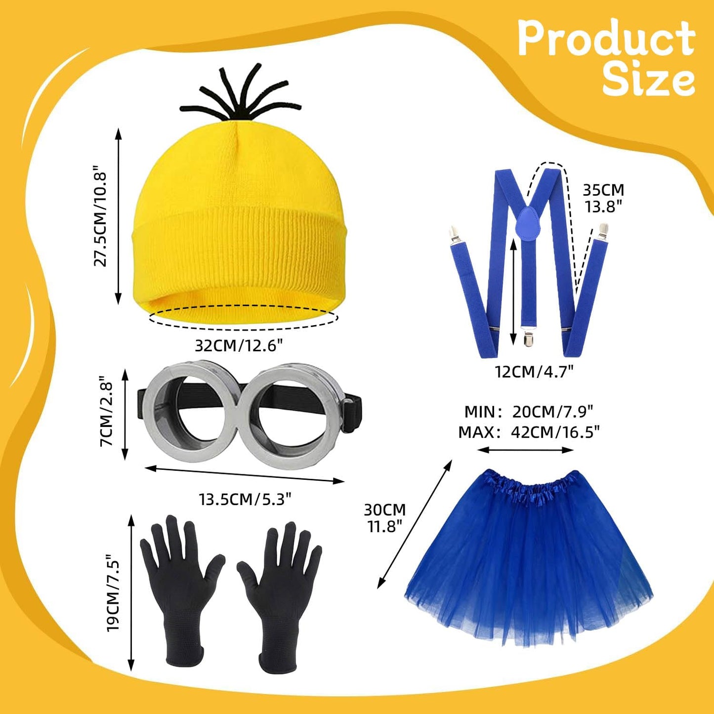 Tiny Chou 5 Pcs Halloween Costume Accessories Set Adult, Goggles Glasses, Yellow Beanie Knitted Hat, Black Gloves, Skirt and Suspenders for Men Women Cosplay Party Halloween Dress Up