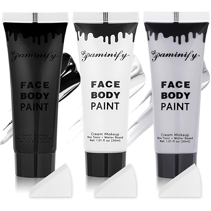 Black White Light Grey Face Body Paint 1.01 oz/pc with 3 Sponges,Gray Face Paint Kit for Clown Joker Devil Vampire Skeleton Cosplay zombie Makeup,Halloween SFX Makeup Cream Body Paint,3.03 oz