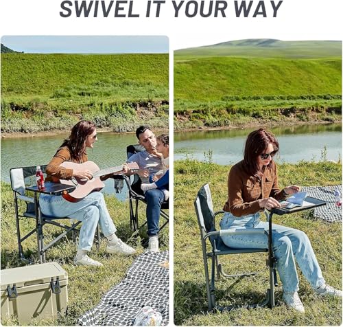 Portal Tablet Table Camping Directors Chair, Foldable Camp Chair with 2-Way Rotatable Side Table, Outdoor Folding Chairs f...