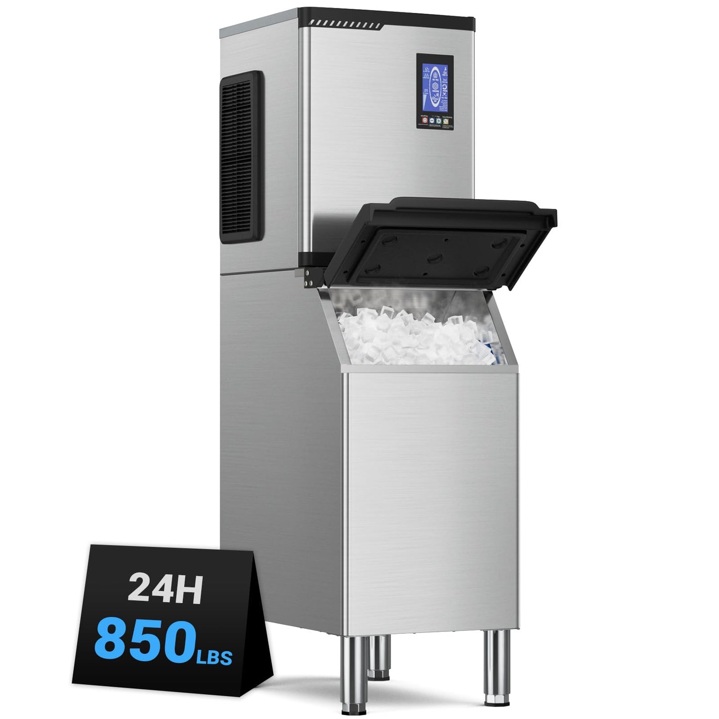 Commercial Ice Machine 850LBS/24H,Storage 460LBS,Large Industrial Ice Maker,Ice Ready in 5-15min,with Self-Cleaning Mode,with Timing Function,30 Levels of Ice Thickness Adjustment,Stainless Steel