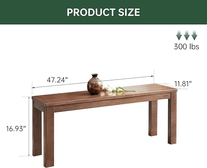 Vadisun 100% Solid Oak Wood Dining Bench, 47.3'' Entryway Bench Extra Chair Seat Long Ottoman with Squre End & Round Corner for Kitchen Living Room Bedroom, Walnut