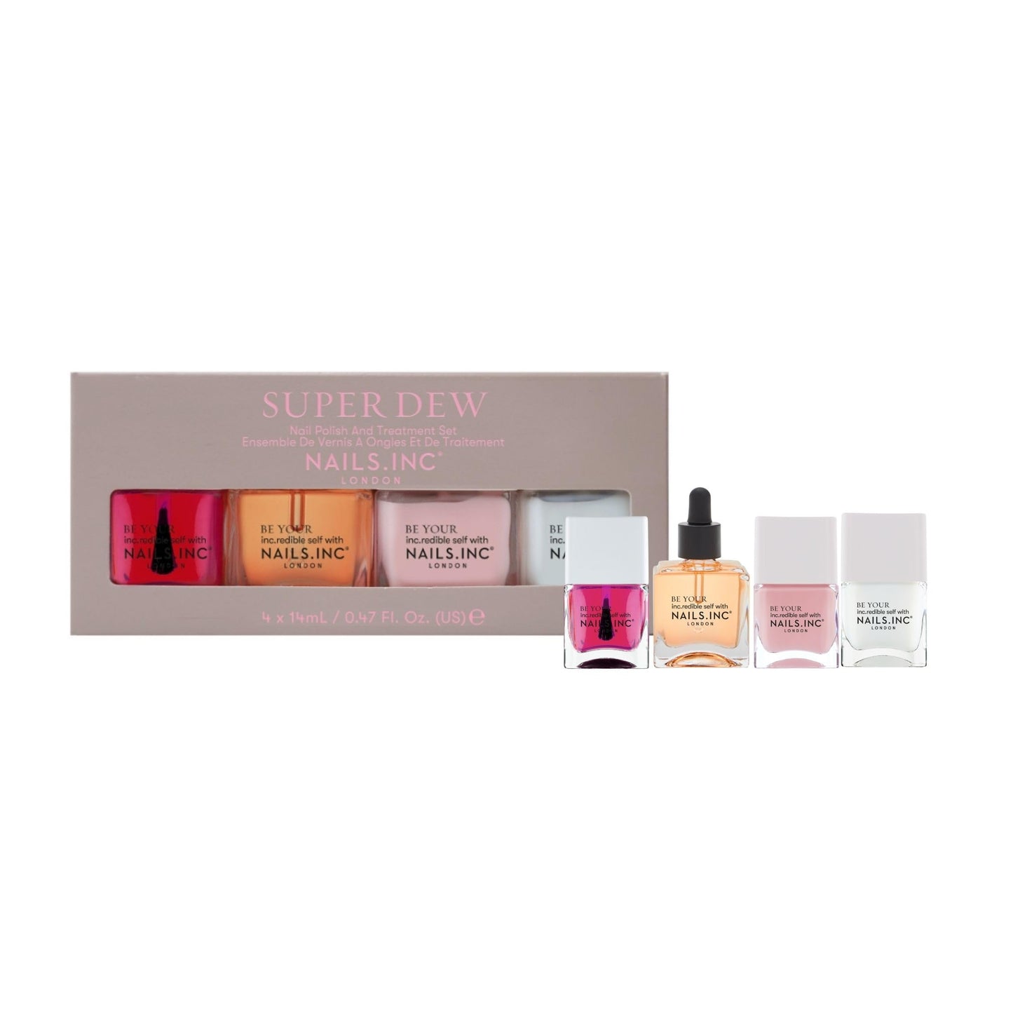 Nails Inc Super Dew Nail Polish Quad, Glow Enhancing Shades, Clean Girl Aesthetic, Fast Drying, Long Lasting, Chip Resistant, Ai