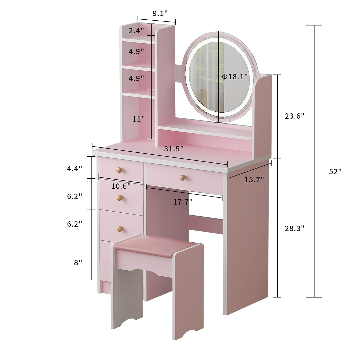 FUFU&GAGA Pink Vanity Set with Round Lighted Mirror, Makeup Vanity Dressing Table with 5 Drawers, Shelves, Dresser Desk and Cushioned Stool