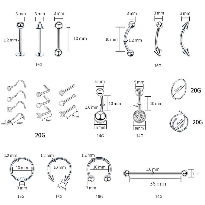 103PCS Piercing Kit for all Body Piercings Stainless Steel Piercing Jewelry with 12G 14G 16G 20G Piercing Needles and Tools for Nose Septum Belly Button Lip Ear Tongue Cartilage Eyebrow Tragus