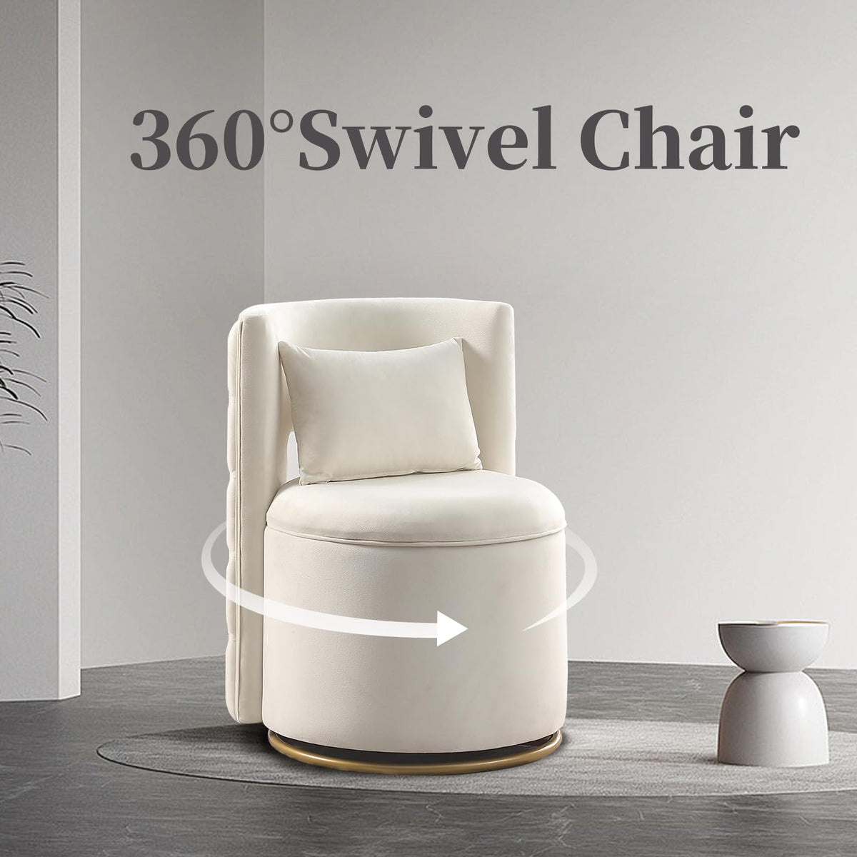 Tassullo Swivel Chair with Storage for Living Room, Round Velvet Vanity Chair with Tufted Button Back, Pillow Included (Beige)