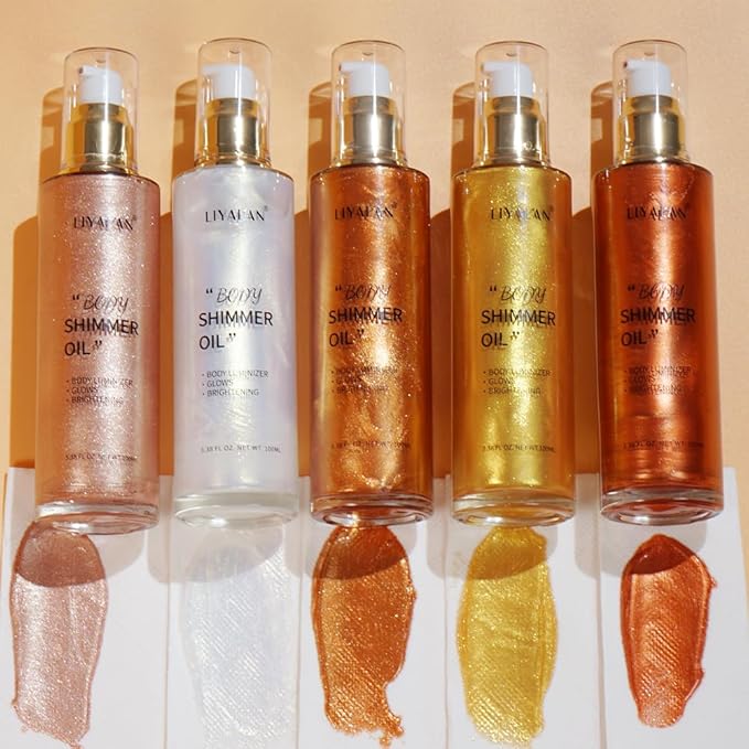 Liyalan Shimmer Body Oil Rose Gold 5 Color Bronze Face Glow Pearl Highlighter Illuminator body Makeup Shine Glitter Gold Liquid Taning 3.38 Fl Oz
