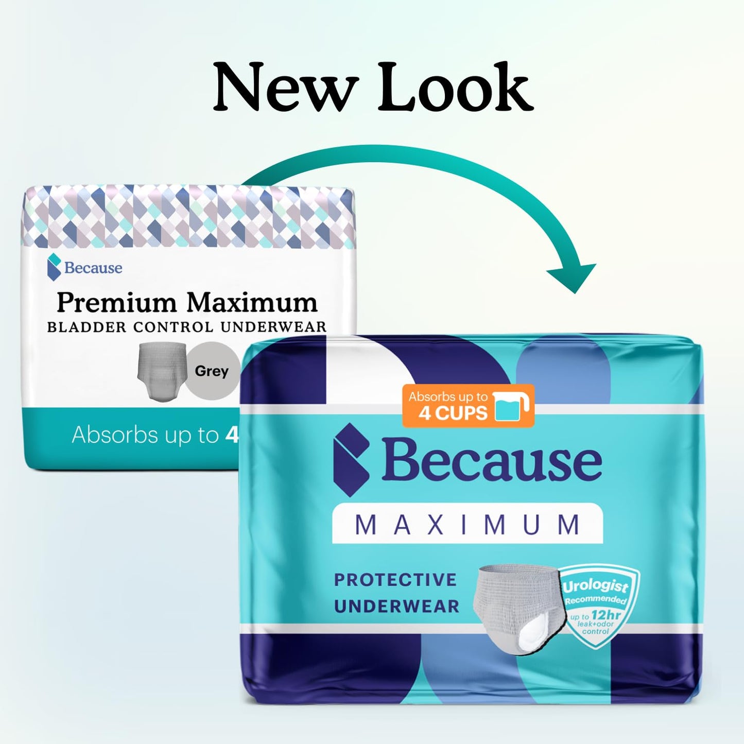 Because Maximum Incontinence Underwear for Men - Heavy Bladder Leak Protection, Ideal for Overnight Leakage, Sleek, Invisible Fit, Grey, Small/Medium -Absorbs 4 Cups - 80 Count (4 Packs of 20)