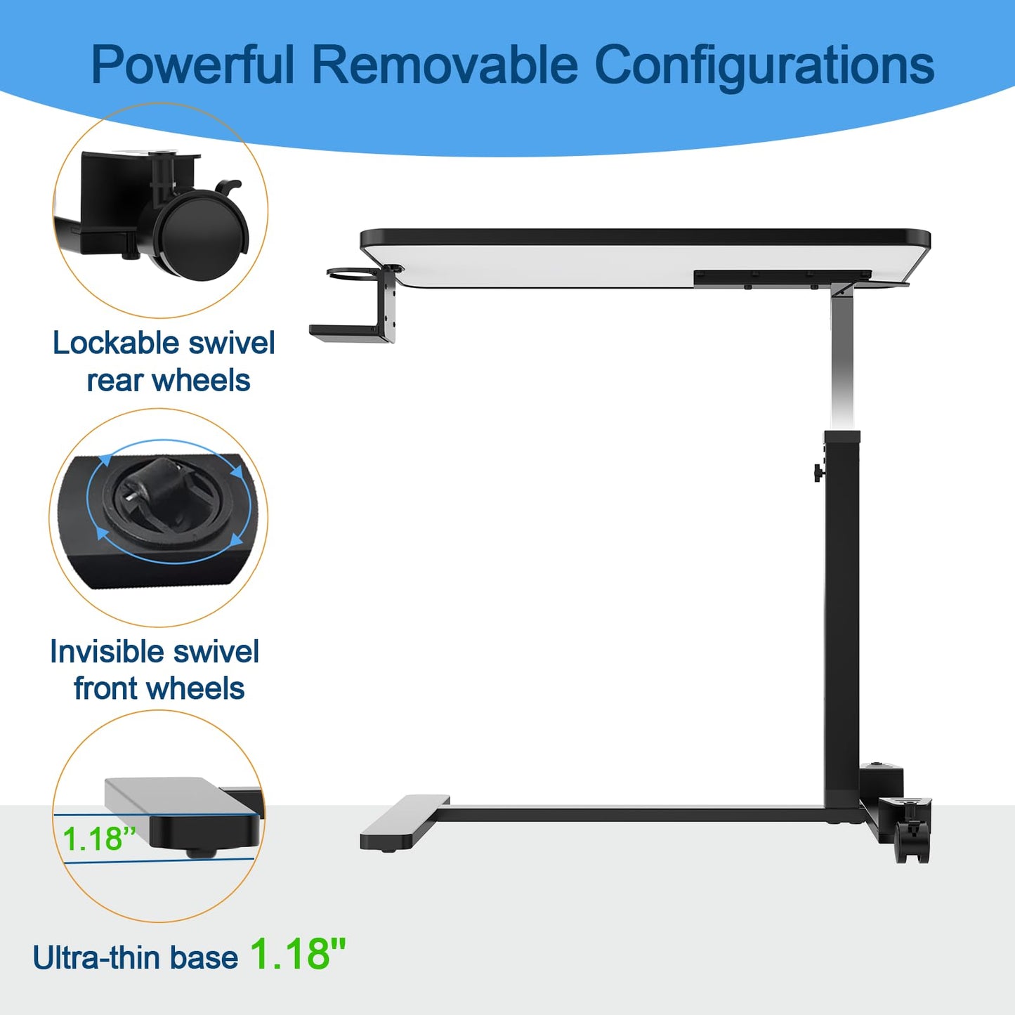 Loyoda Adjustable Overbed Table with Invisible and Lockable Wheels ，Bedside Table with Cup Holder，Standing Desk for Medical or Home use Silver-Grey Color（30.3" W x 15.3" D）