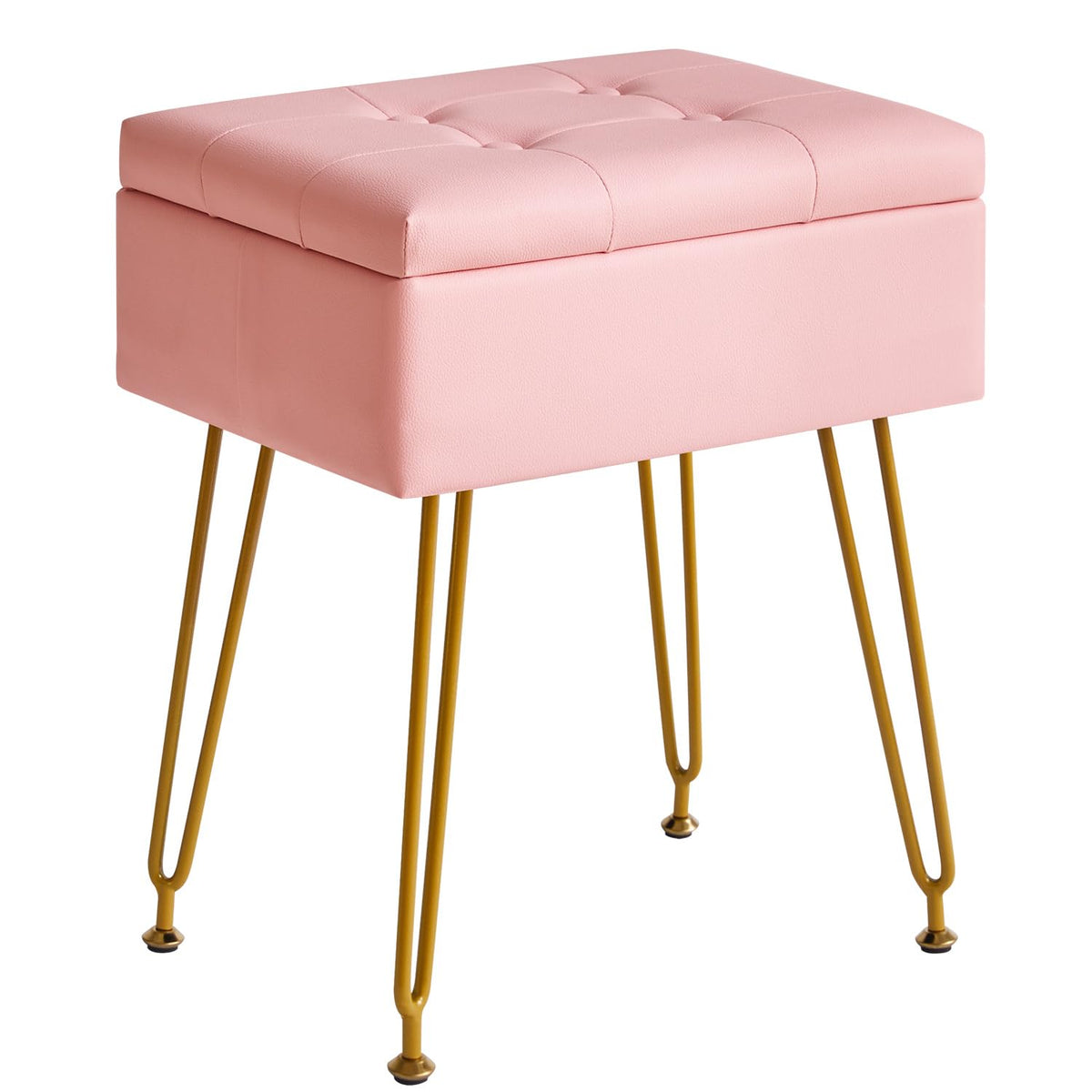 IBUYKE Multifunctional Storage Vanity Stool with Flip Tabletop, Adjustable Metal Legs & PU Leather - 40x30x48cm Ottoman Footrest for Makeup, Living Room, Entryway, Pink WBD014P