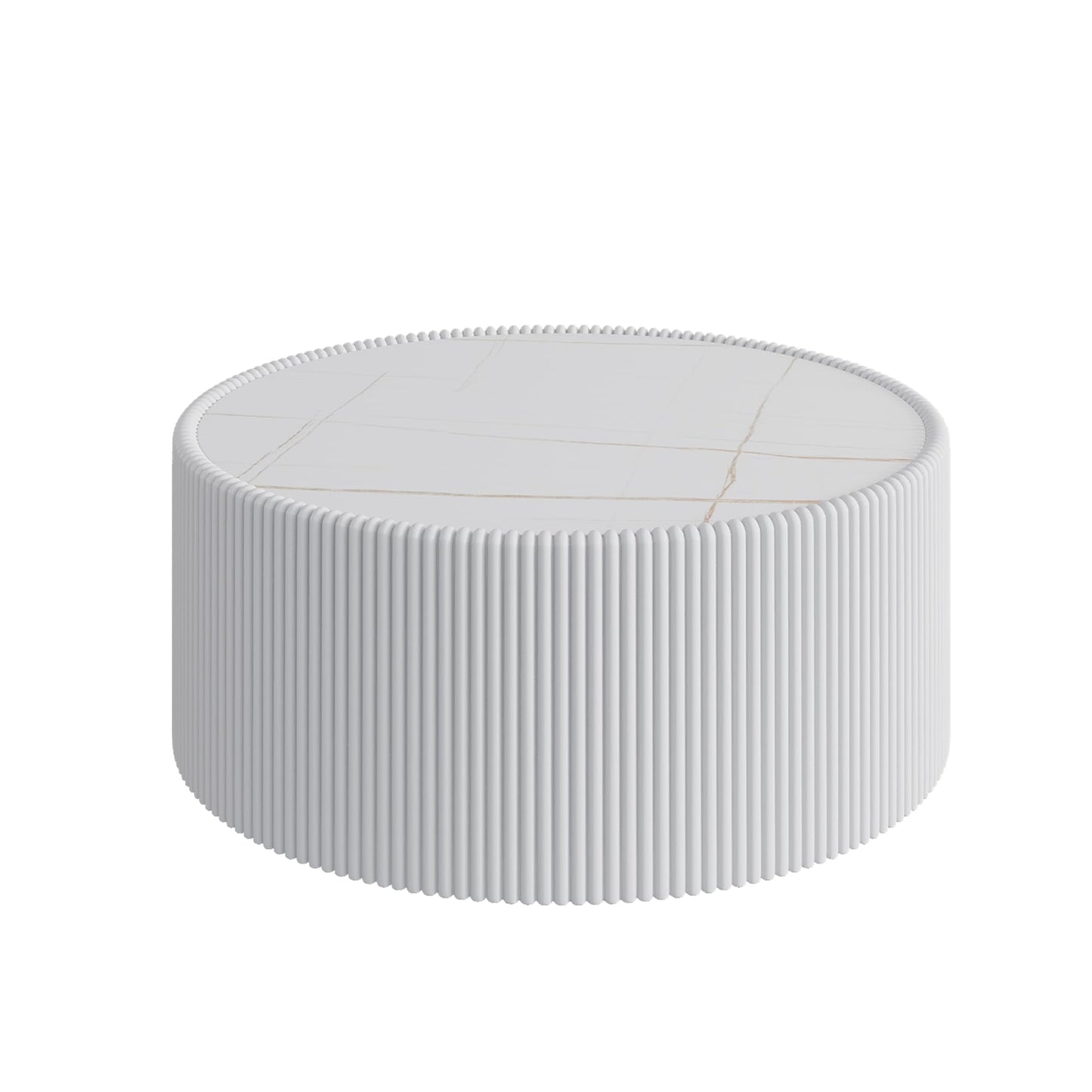 GDFStudio Modern Round Coffee Table, Luxury Sintered Stone Top Circle Coffee Table with PU Leather Drum Base, Creative Shape Small Tables for Living Room Side Tables, Fully Assembled, Milk White-Large