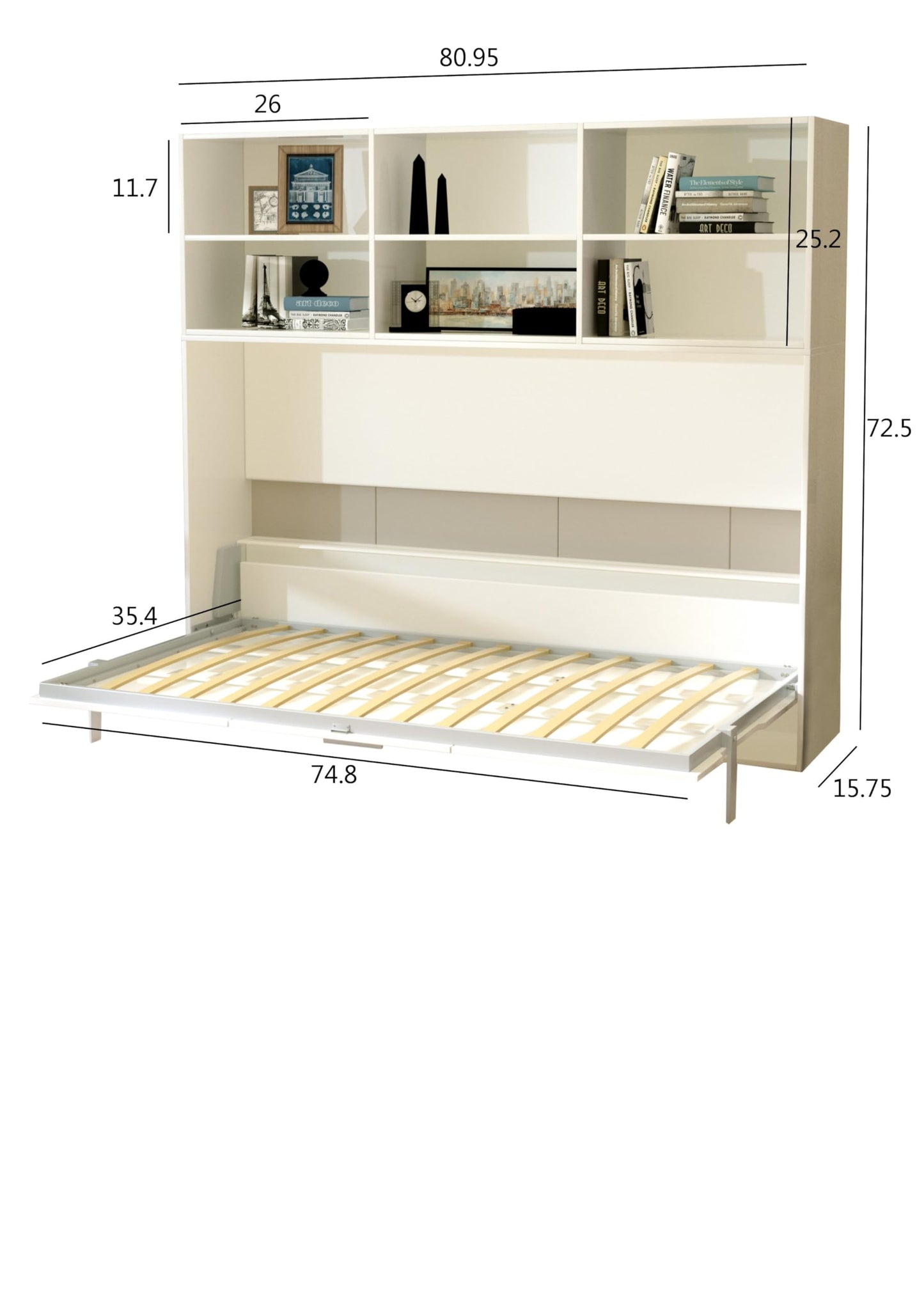 Jintop Twin Size Horizontal Murphy Bed with Double Layer Shelf Storage,Wood Wall Cabinet Hideaway Platform Bedframe W Gas Struts,for Bedroom or Guestroom,White
