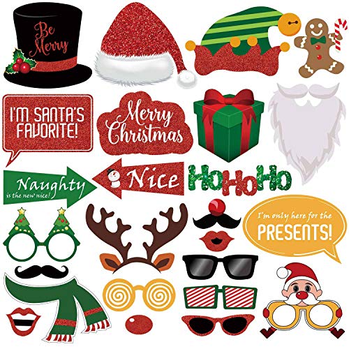 Glitter Christmas Photo Booth Props Kit - 25 Count Large Photography Party Decorations Gifts, Fun Santa Elfie Selfie Posin...
