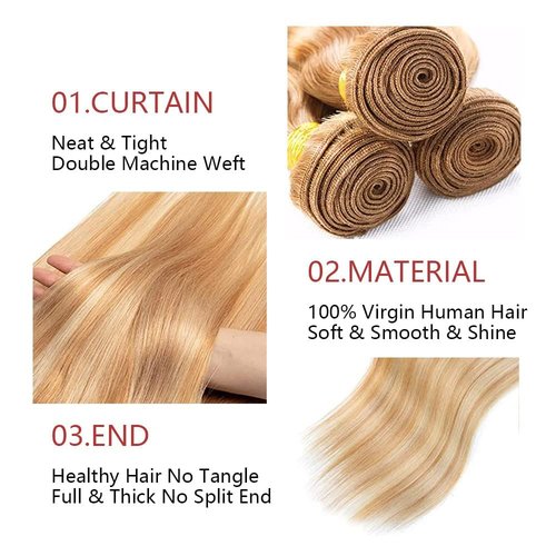 Giginger Bundles Human Hair P27/613 Blonde Straight Human Hair Bundles 18 20 22 Inch Highlight Honey Blonde Unprocessed Quick Weave Soft Sewn In Hair Extensions for Black Women