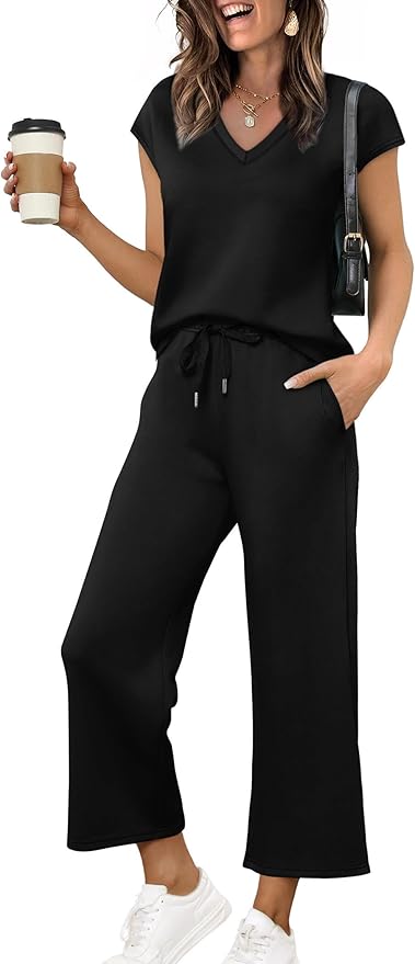 Saloogoe Two Piece Sets for Women Summer Outfits Lounge Sets V Neck Tops Wide Leg Pants Woman Vacation Travel Outfits