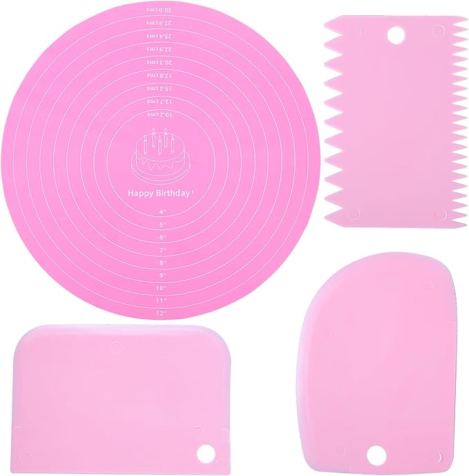 4PCS Silicone Cake Mat Hard Scraper Dough Scraper Silicone Baking Mat with Dough Bowl Scrapers Reusable Cookie Mats Cake Turntable Mats for Pastry Baking Supplies Bake Pizza