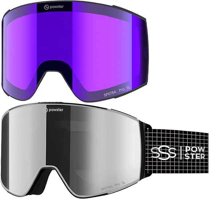 Powster Ski Goggles Snow OTG Snowboard Goggles Magnetic Interchangeable Lens Frameless UV Protection Anti-fog mobile Skating