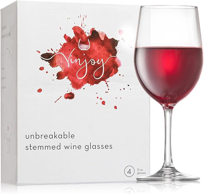 Vinjoy Set of 4 Reusable Plastic Wine Glasses ‒ 12 oz Clear Stemmed, Tritan BPA-Free Unbreakable Wine Glasses for Outdoor,...