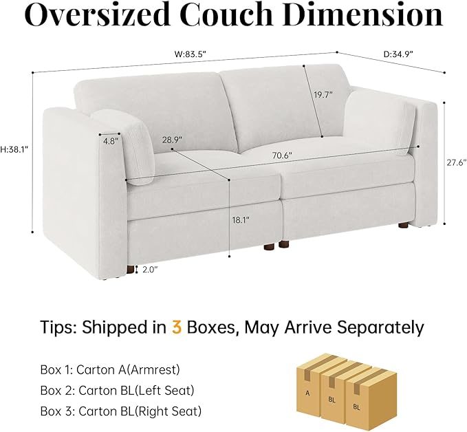 CUGOAO 83.5'' Oversized Loveseat, Couches for Living Room, Deep Seat Chenille Cloud Couch, Modular Sectional Sofa, Removable Cover, Mordern Upholstered Sofa for Apartment, Office, Beige