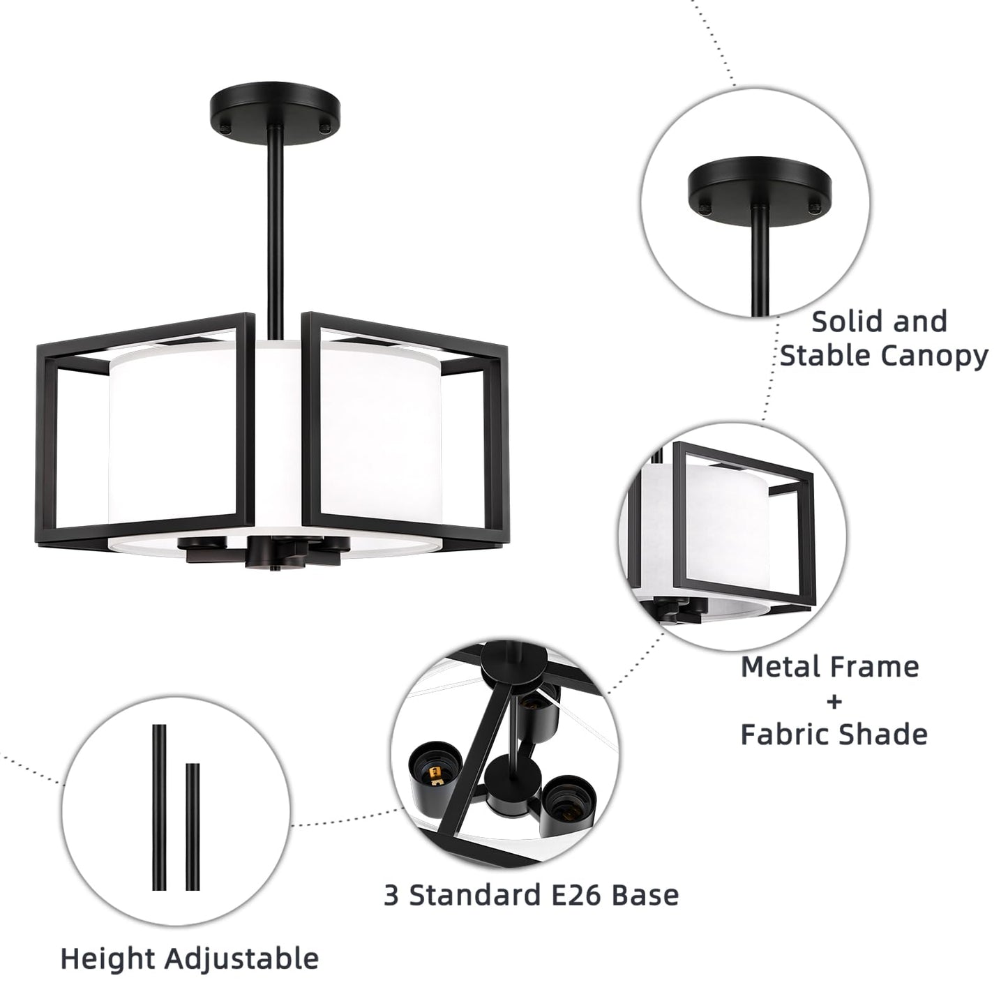 Modern Ceiling Light Fixture - Easric Semi Flush Mount Ceiling Light Industrial Light Fixtures Ceiling Mount with Fabric Shade Black Metal Frame Drum Ceiling Lights for Bedroom,Hallway,Kitchen