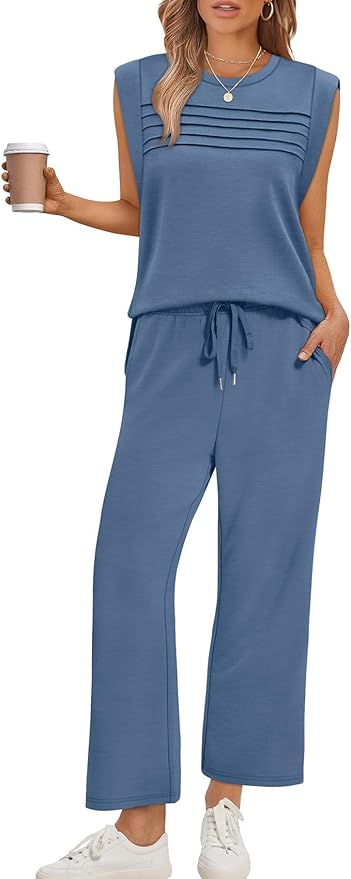 WIHOLL 2 Piece Sets for Women Summer Lounge Sets Travel Vacation Outfits Cap Sleeve Sweatsuit Side Slit Wide Leg Pants S-3XL