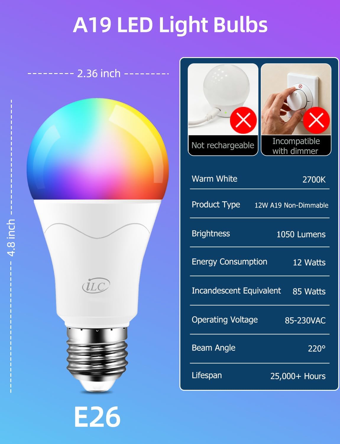 ILC LED Light Bulb 85W Equivalent, Color Changing Light Bulbs 2700K Warm White, Remote Control RGB 6 Modes, Timing, Sync, Dimmable E26 Screw Base (2 Pack)