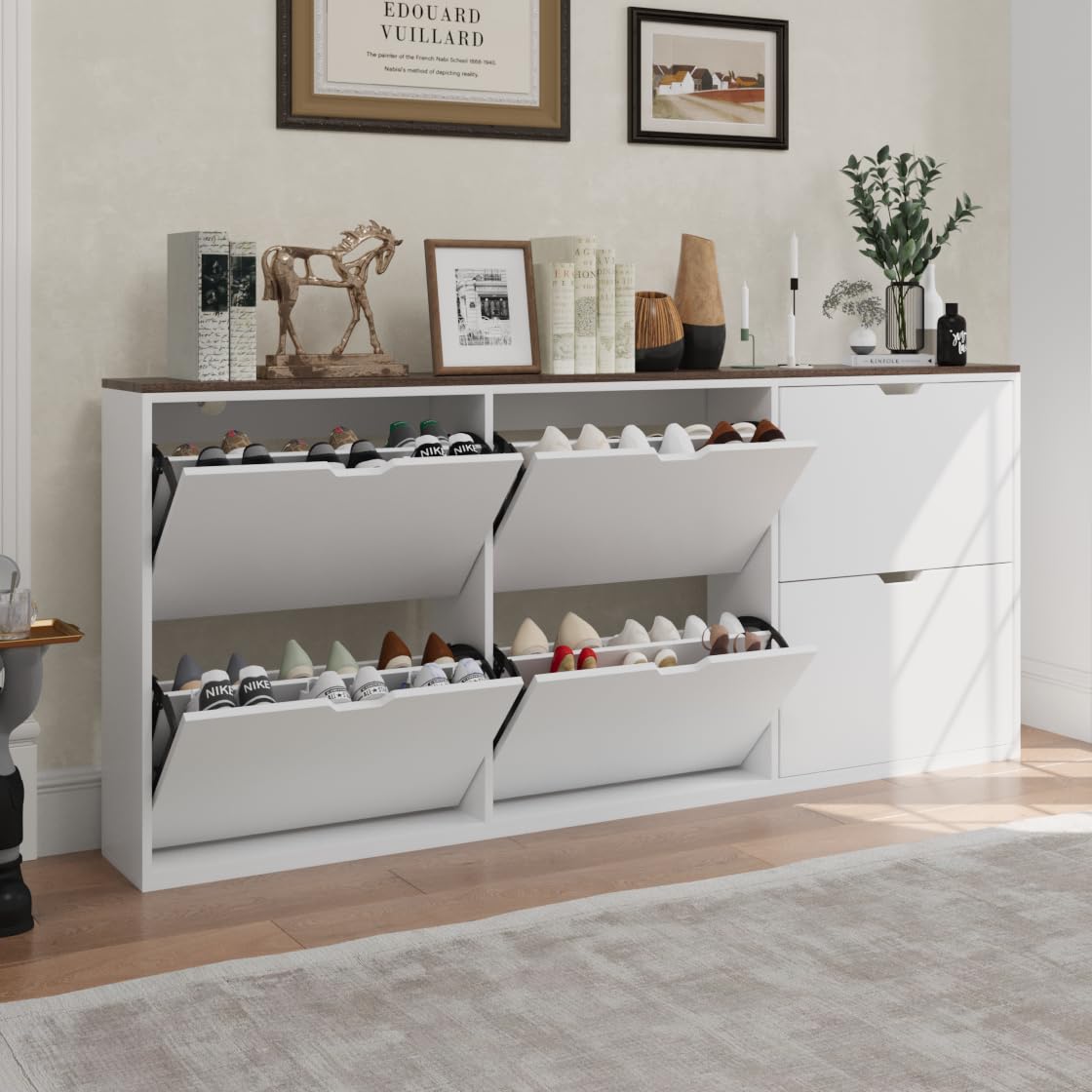Bobve Entryway Shoe Cabinet with 6 Flap Drawers,70.87" Large Shoe Storage Cabinet,Handleless White Thin Shoe Organizer with Adjustable Shelves Wall-mountable Suitable for Bedroom, Garage, Hallway