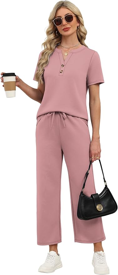 OFEEFAN 2 Piece Sets for Women Spring Fashion Beach Vacation Cruise Outfit Dressy Casual Wide Leg Crop Pants Resort Wear