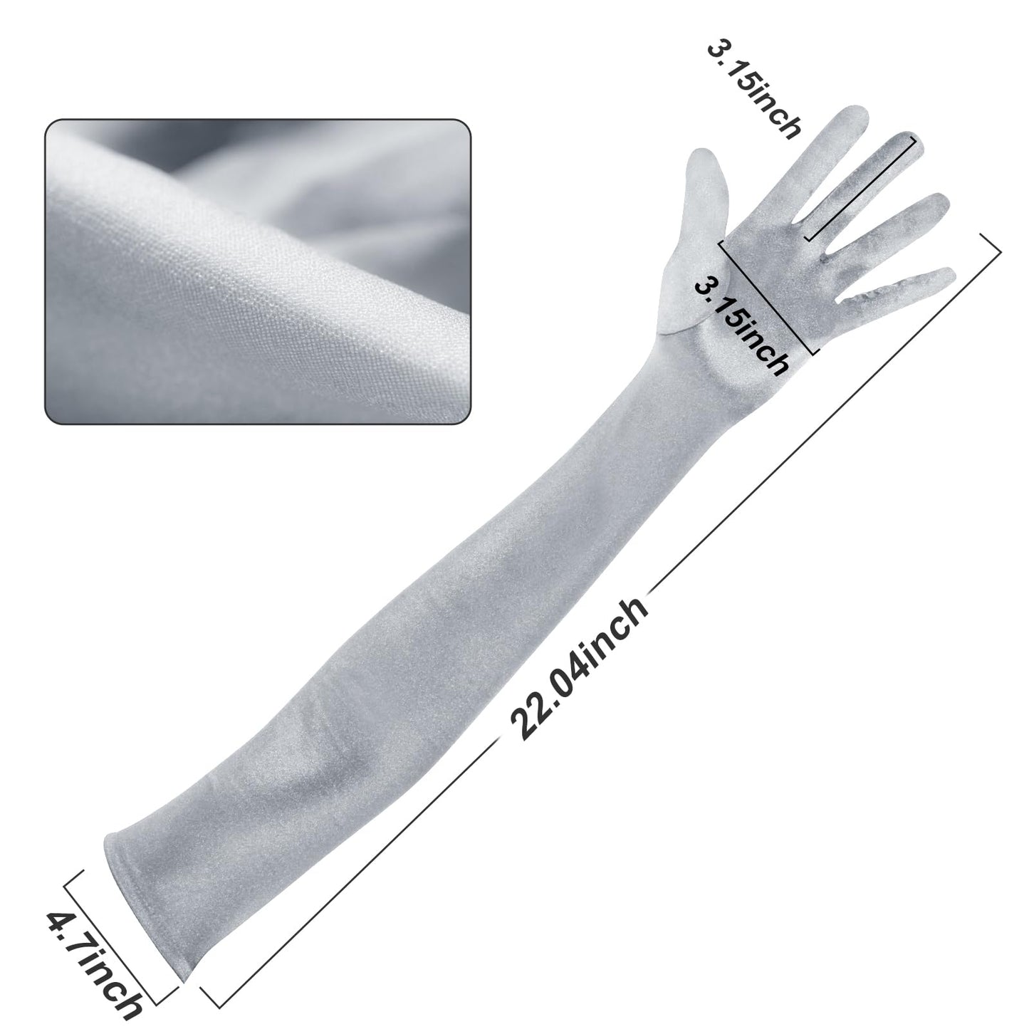Long Opera Party Gloves for Women 1920s 20s Satin Gloves Costumes Elbow Length Bridal Evening Dress, 21.6 inches (Silver)