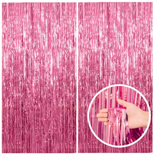 2 Pack Pink Backdrop Party Decorations Tinsel Curtain Party Backdrop Foil Fringe Birthday Decorations Photo Booth Streamer...