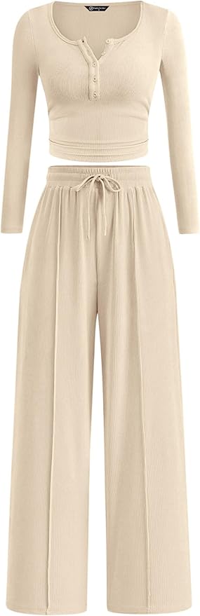 PRETTYGARDEN Women's 2026 Fall Trendy 2 Piece Outfits Lounge Sets Long Sleeve Top Henley Shirts Wide Leg Pants Travel Clothes