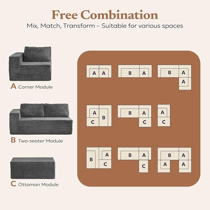 Furnify 40" Modular Sectional Sofa, Upholstered Floor Sofa Couch with Pillow, Bean Bag Chair for Bedroom Living Room, No Assembly Required (Plush Corduroy Fabric, Grey)