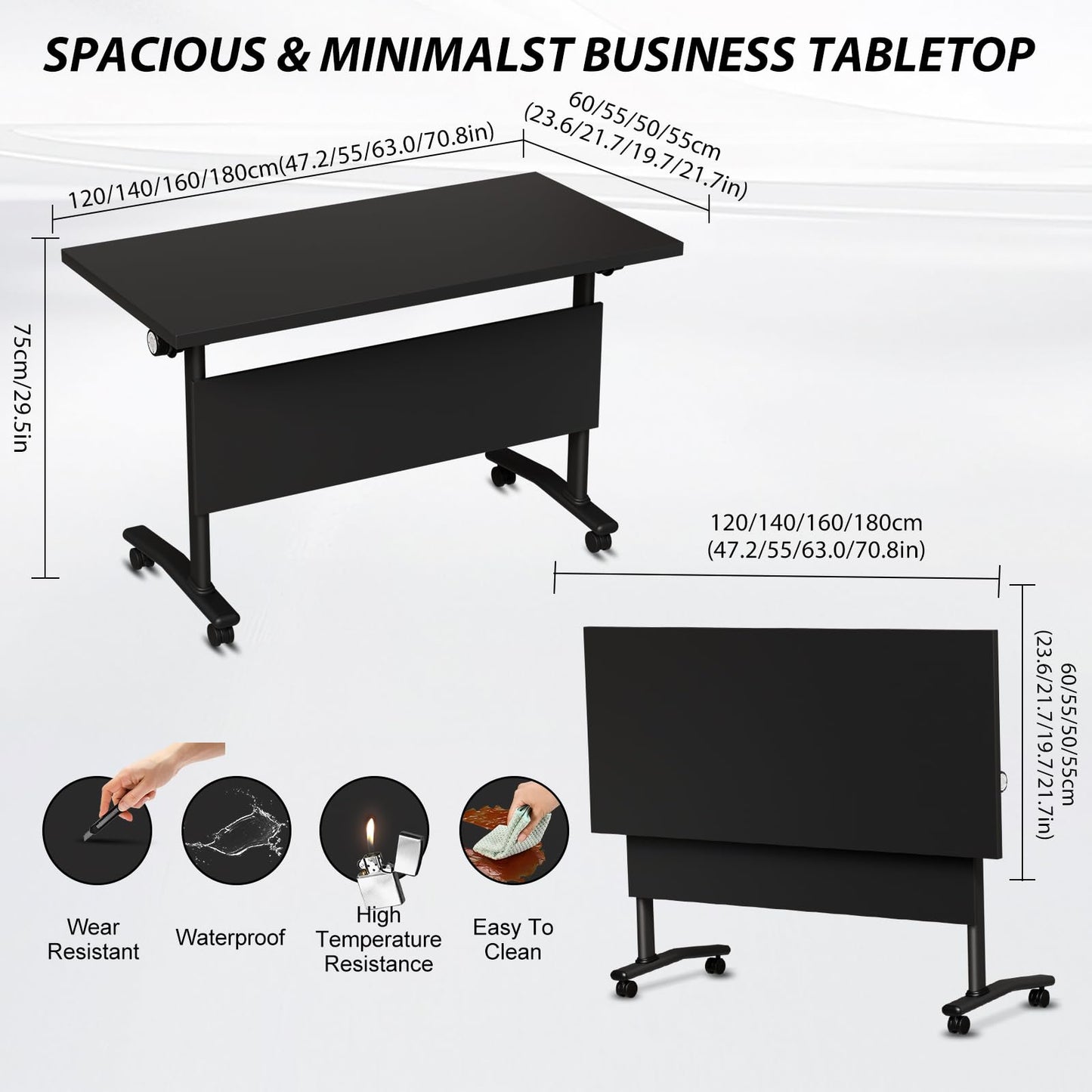 Conference Room Table with Wheels 6ft Folding Modular Large Black Conference Table Foldable Modern Rectangle Training Meeting Tables for Classroom Office(6, Black, D 55")