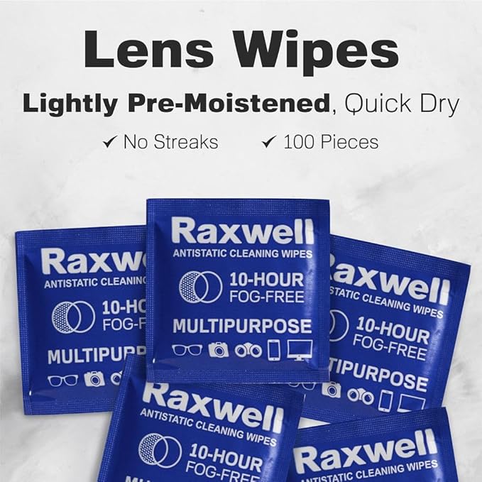 Raxwell Anti Fog Lens Wipes for Eyeglasses - 100 Count Unscented Individually Wrapped Sachets - Glasses Cleaner & Screen Wipes Safe on Coated Lenses - Streak-Free