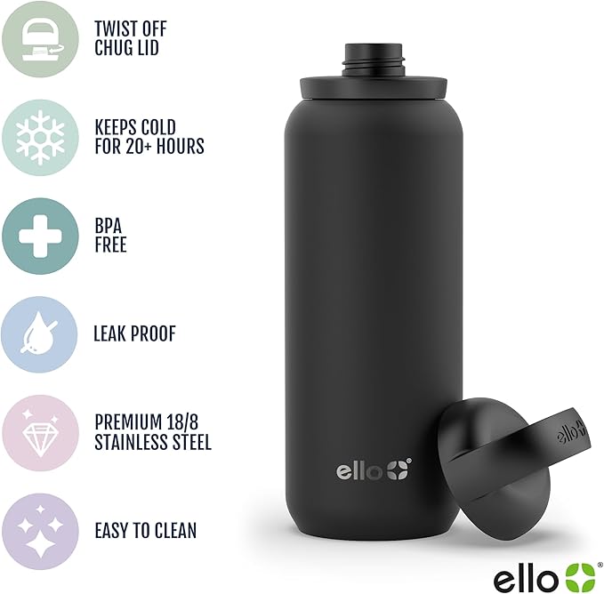 Ello Cooper Twist 32oz Stainless Steel Water Bottle with Chug Lid | Leak Proof | Double Walled and Vacuum Insulated | Built in Carry Loop | Dishwasher Safe | Cashmere Pink