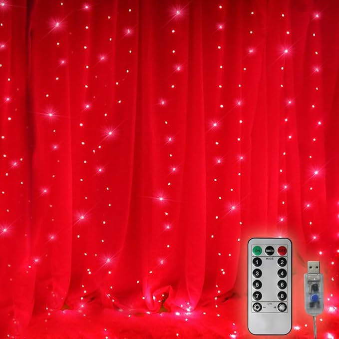 300 LED Curtain Christmas String Lights, Backdrop Fairy Lights With Remote Control USB Power 8 Lighting Modes Window Red L...