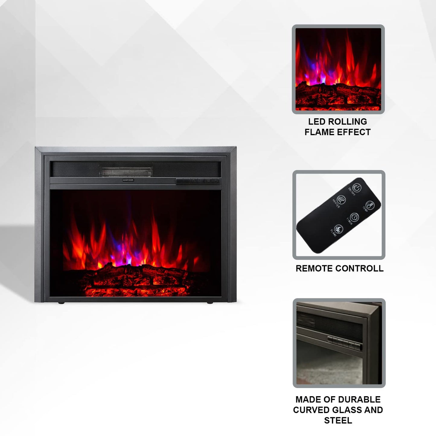 XBrand 28 Inch Insert Electric Fireplace Heater with Remote Control, LED Rolling Flame Effect, and Temperature Limiting Control, Glass and Steel Indoor, Black