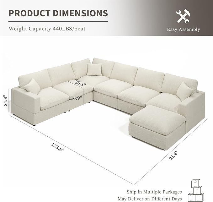 Cloud Couch Modular Sectional Sofa, 123.8" 7-Seater U Shaped Sectional Couches for Living Room, Convertible Cloud Sofa with Ottoman, Down Filled Wide & Deep Seat, Removable Washable Cushion Covers