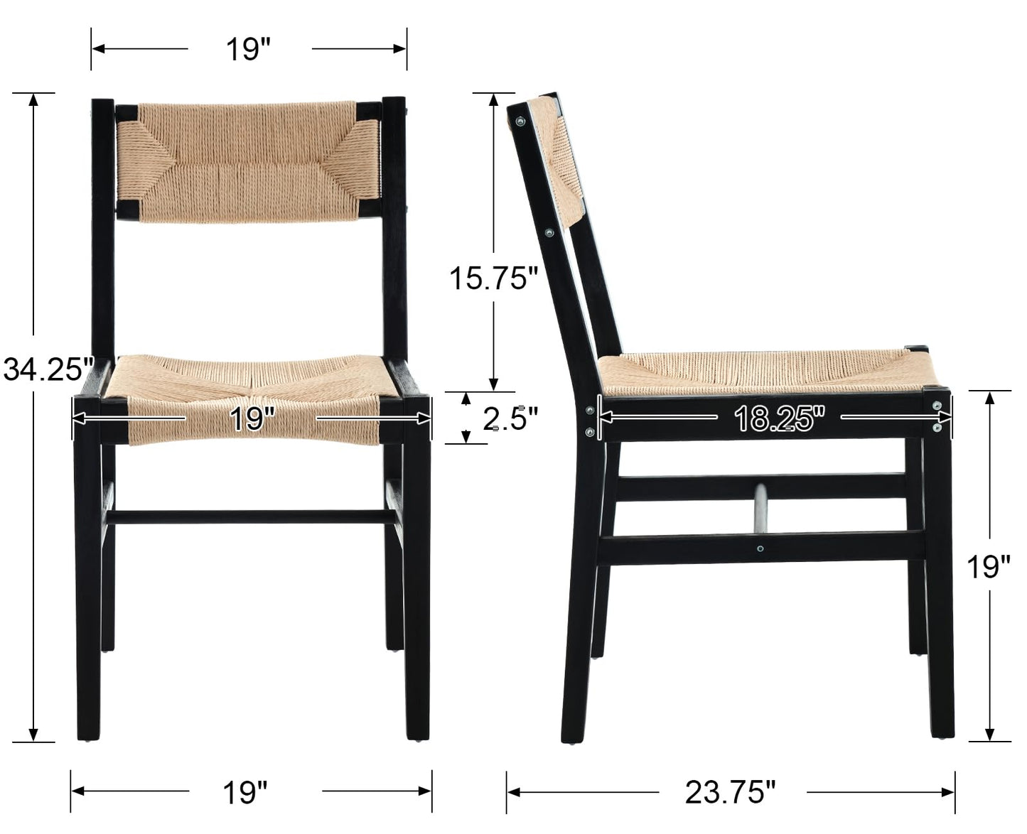BESTANO Mid Century Modern Weave Rattan Dining Chairs Set of 4, Black Beechwood Farmhouse Boho Dining Room Chairs Wicker Chairs with Back