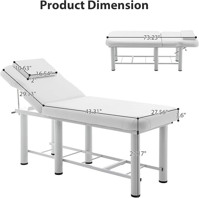 Professional Massage Table with Backrest, Faux Leather Stationary Physical Therapy Table, Metal Frame Barber Beauty Equipment, Removable Headrest Treatment Table Salon Spa Bed, White