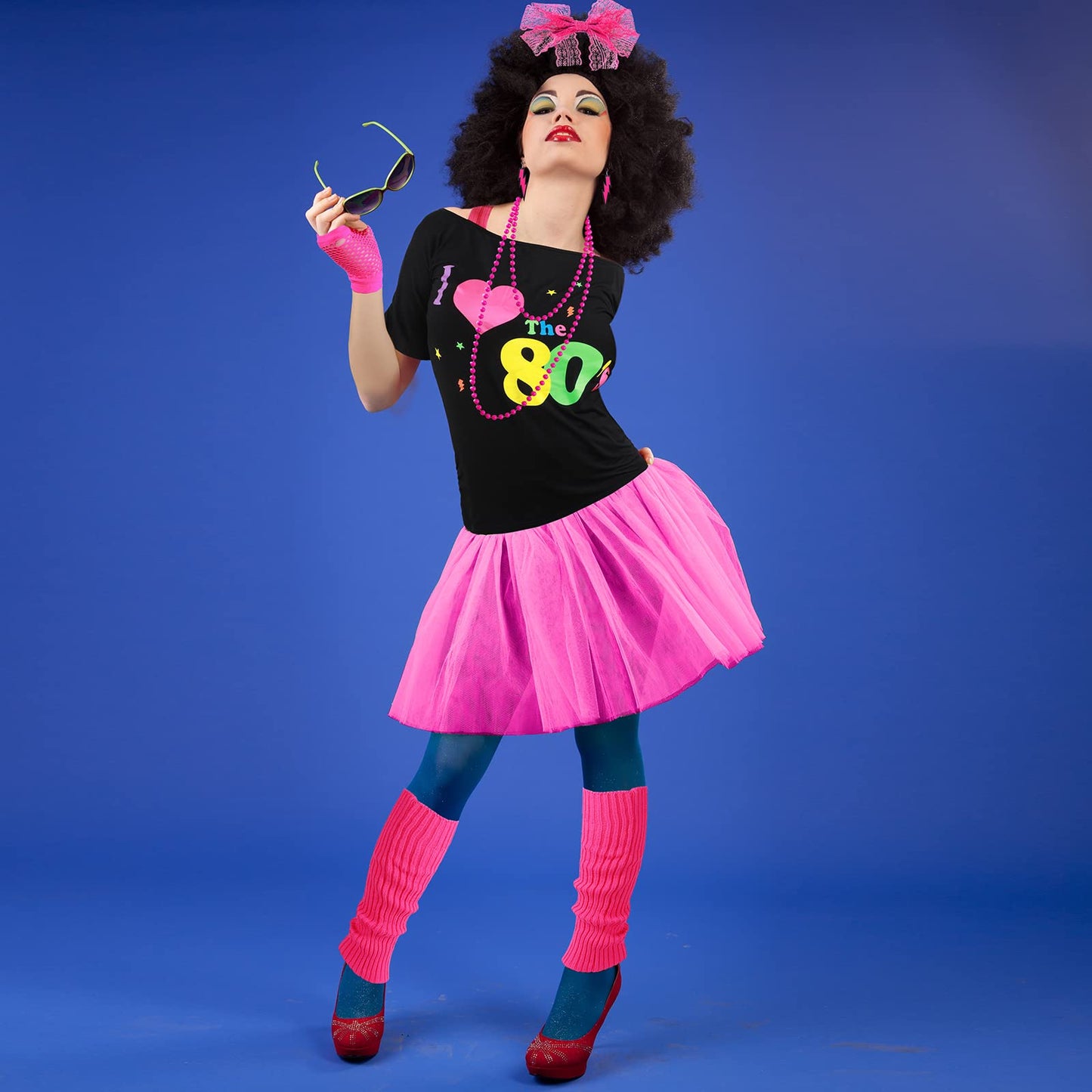 Didaey I Love The 80's Disco 80s Costume Print Off Shoulder Tops Tank Top Headband Earring Necklace Legwarmers Fishnet Gloves (Rose Red,XX-Large)