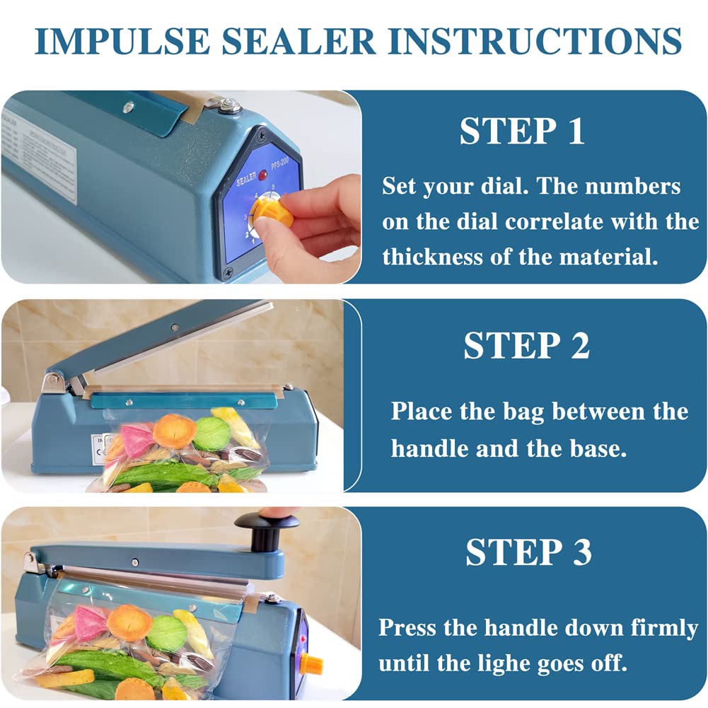 Impulse Heat Sealer 8 Inch 5mm Mylar Bag Sealer Heat Seal Machine, 110v Manual Heat Sealer for Plastic/Poly/Cookie Bags, 8 Replacement Parts & Teflon Cloth Strip(2 Round Cutter Lines Included)