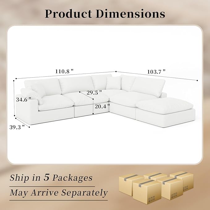 Intuition Decor Modular Sectional Sofa Cloud Couch,Down Filled Comfy Cloud Modern Sofa,White Linen Oversized Couch Cushion Covers Removable for Living Room(3 Seater)