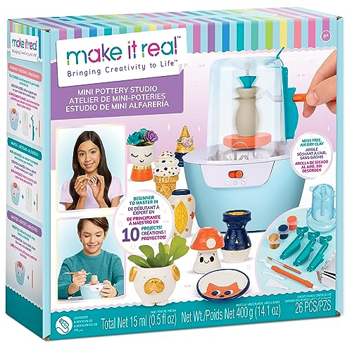 Make It Real Mini Pottery Studio - 26-Piece DIY Pottery Kit with Mess-Free Air Dry Clay - Create 10 Miniature Projects, Be...